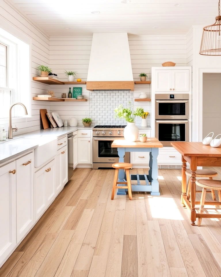 weathered light wood floor for coastal farmhouse kitchen - 20 Light Wood Floor Kitchen Ideas