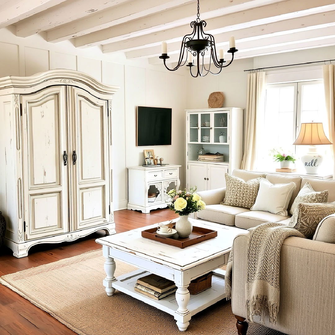 weathered white furniture - 40 French Country Living Room Ideas