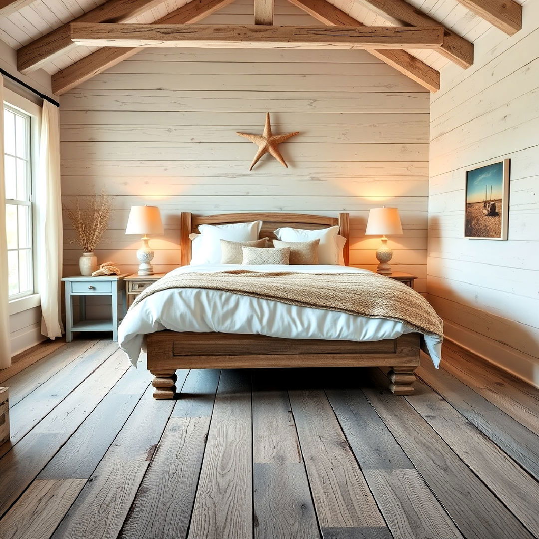 weathered wood flooring for rustic beach look - 40 Ocean-themed Bedroom Ideas