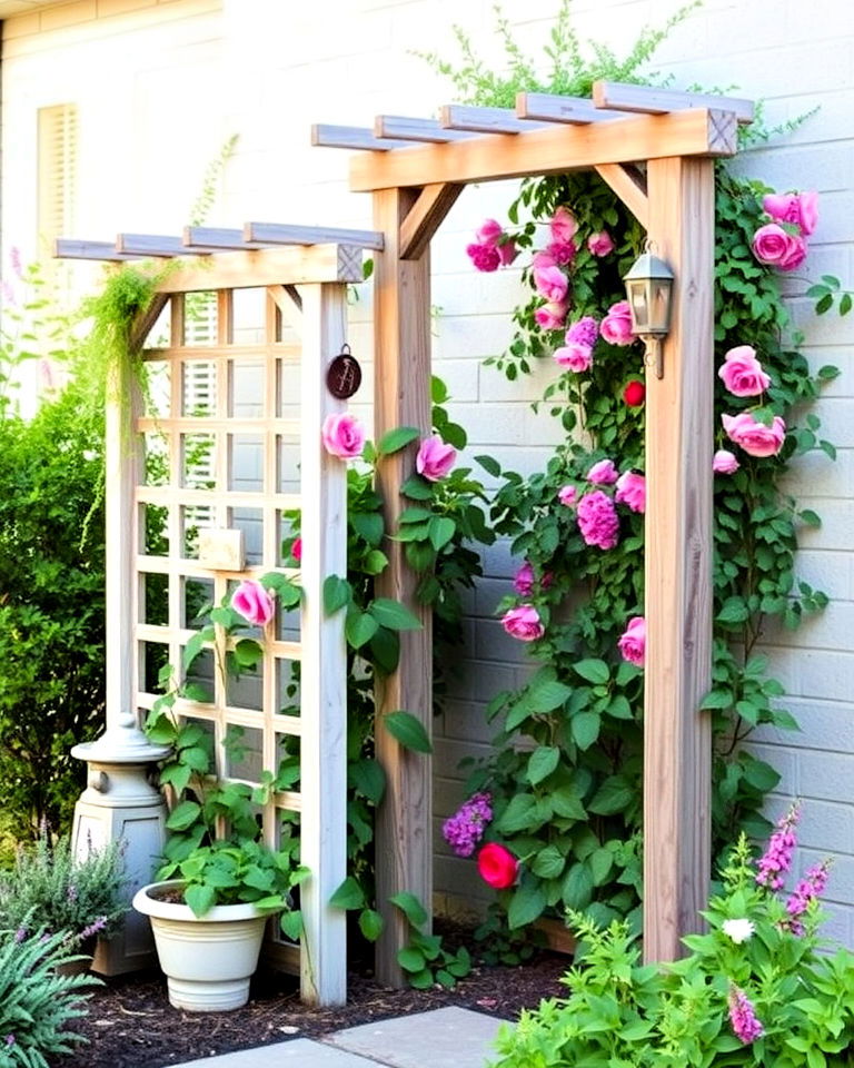 weathered wooden trellises for farmhouse garden - 20 Farmhouse Garden Ideas