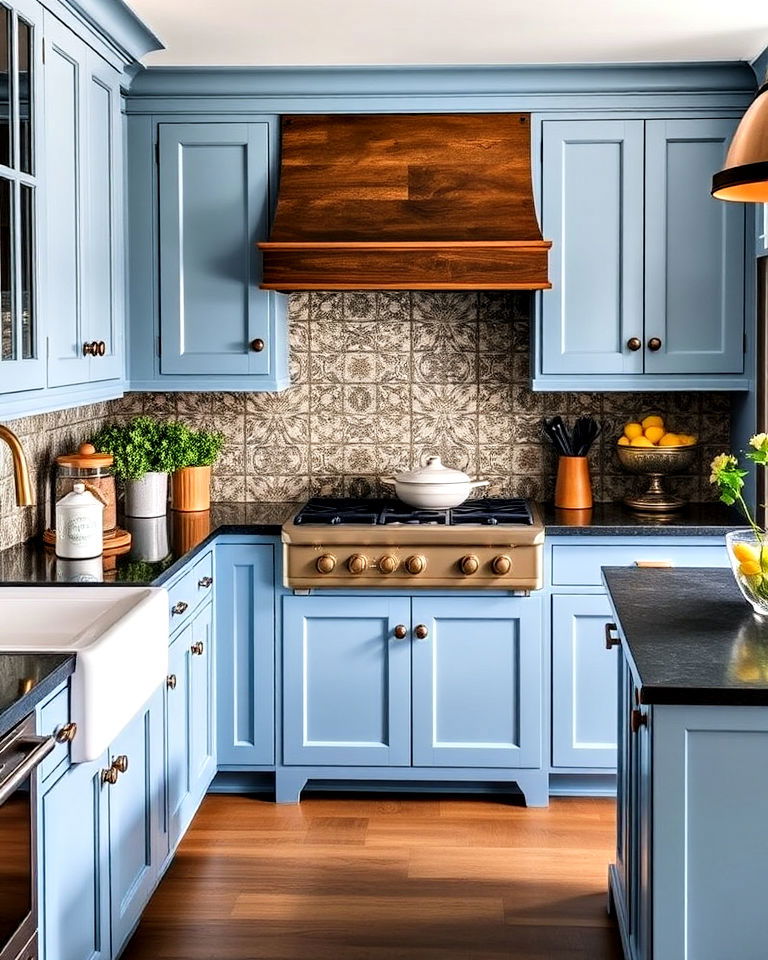 wedgewood blue cabinets and dark countertops - 30 Blue Farmhouse Kitchen Cabinets
