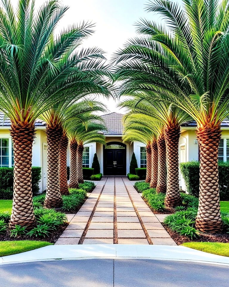 welcoming driveway entrance framed by palms - 30 Front Yard Palm Tree Landscape Design Ideas