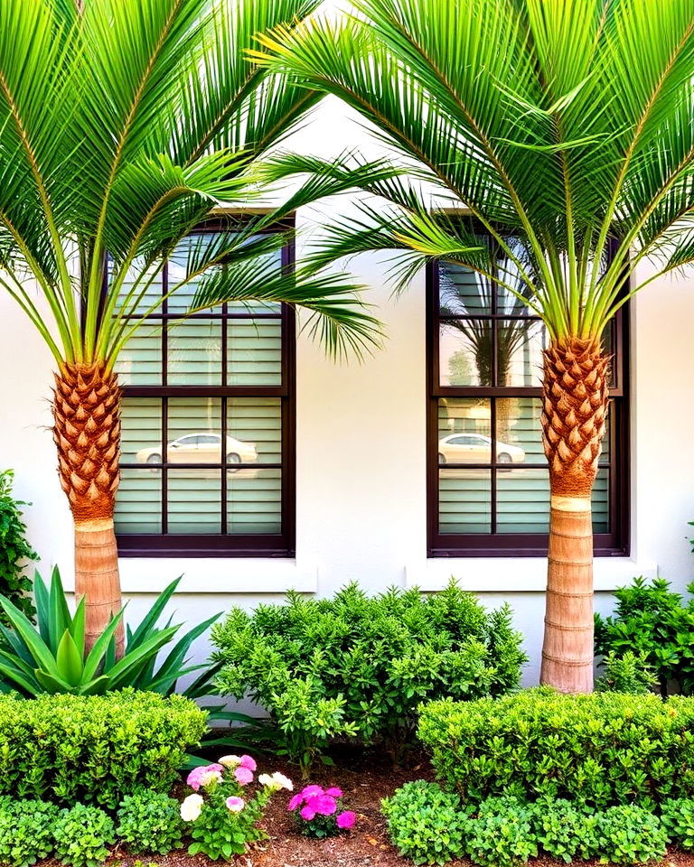 welcoming framed windows with palms - 30 Front Yard Palm Tree Landscape Design Ideas