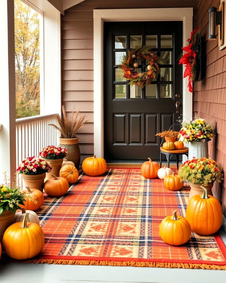 welcoming outdoor rug in autumnal hues - 30 Front Door Fall Decor Ideas