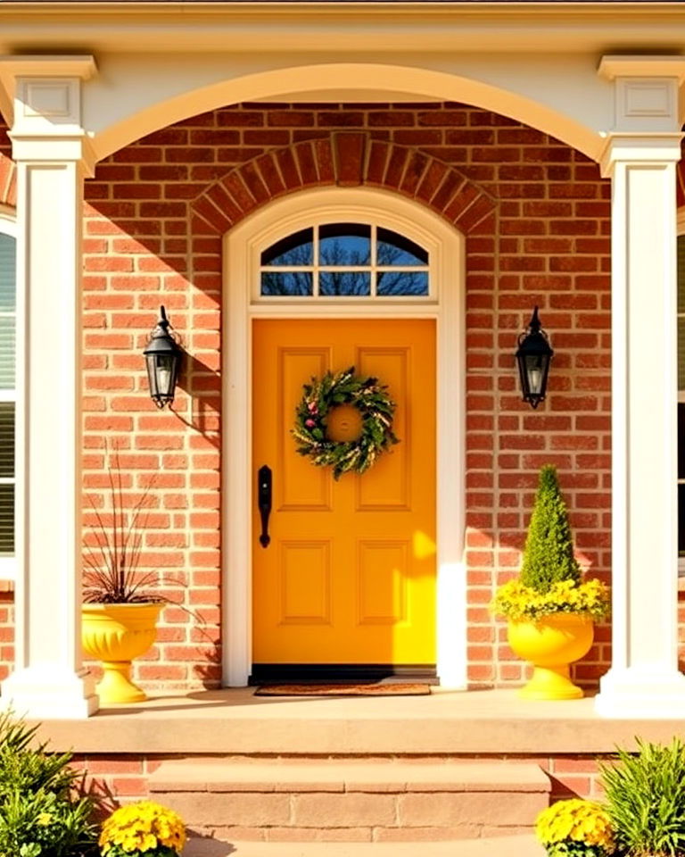 welcoming vibe golden yellow accents - 25 Tan Brick House Color Schemes