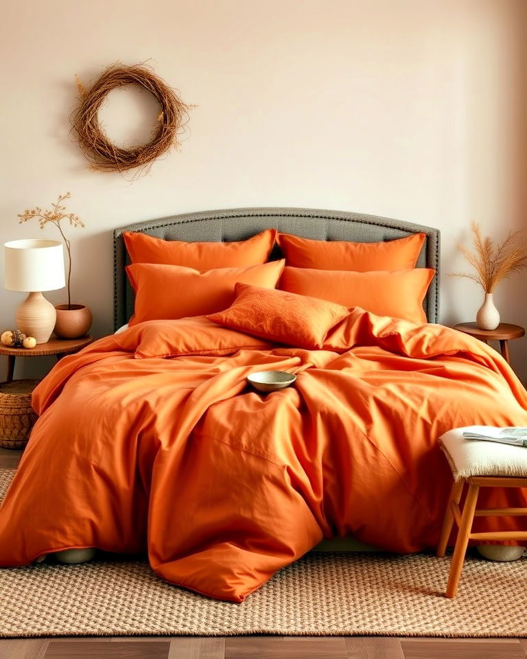 welcoming vibe pumpkin inspired bedding - 30 Orange Room Ideas