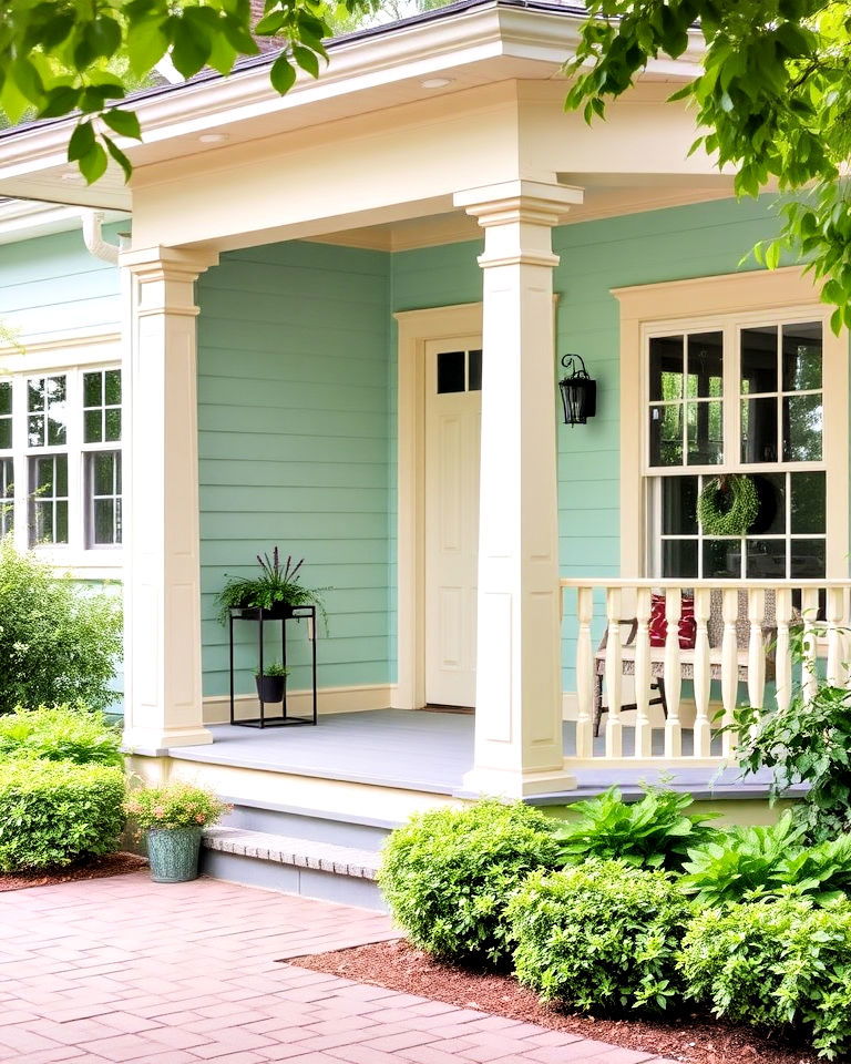 welcoming vibe soft mint green and cream accents - 25 Farmhouse Green Exterior Home Ideas