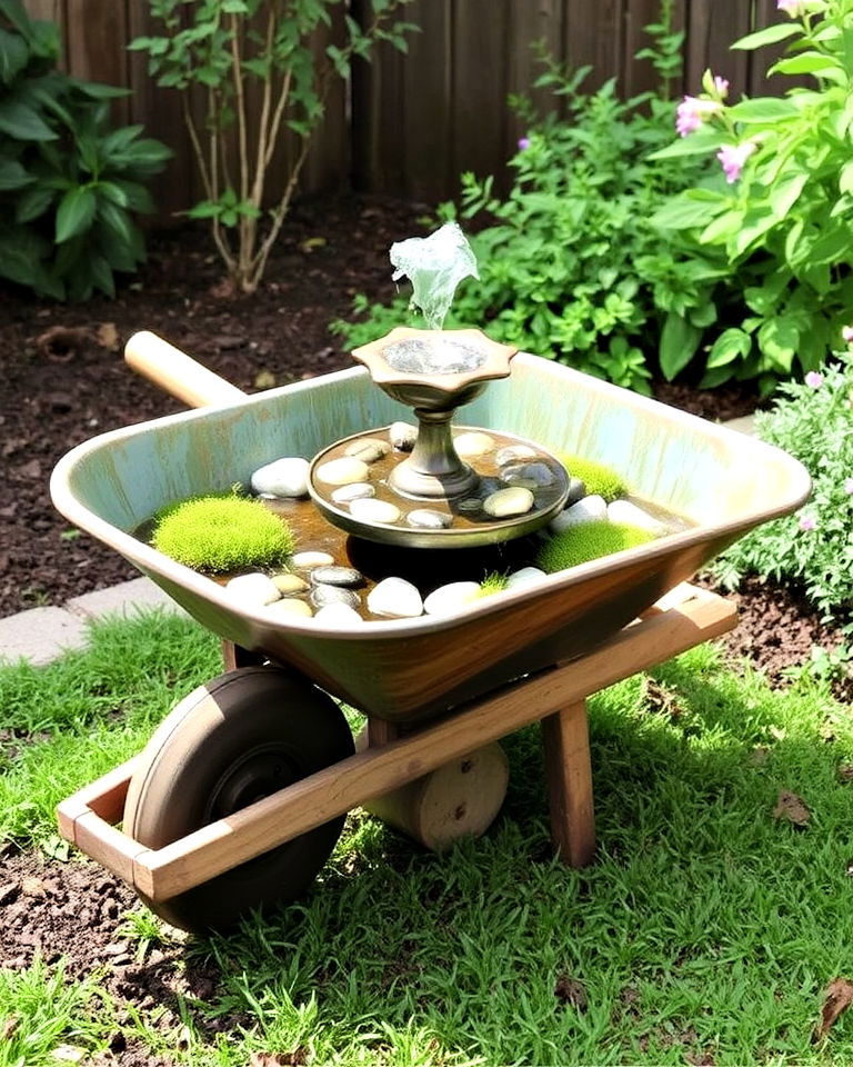 wheelbarrow as the fountain accent base - 25 Old Wheelbarrow Ideas