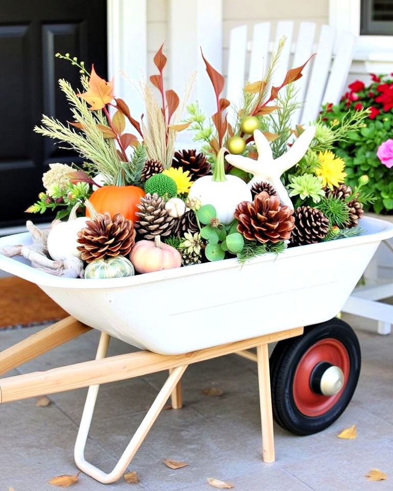 wheelbarrow for seasonal decor display - 25 Old Wheelbarrow Ideas