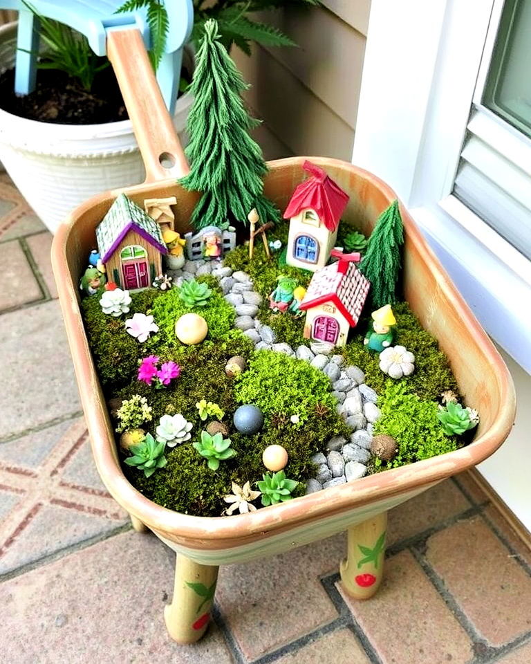 wheelbarrow with fairy garden display - 25 Old Wheelbarrow Ideas