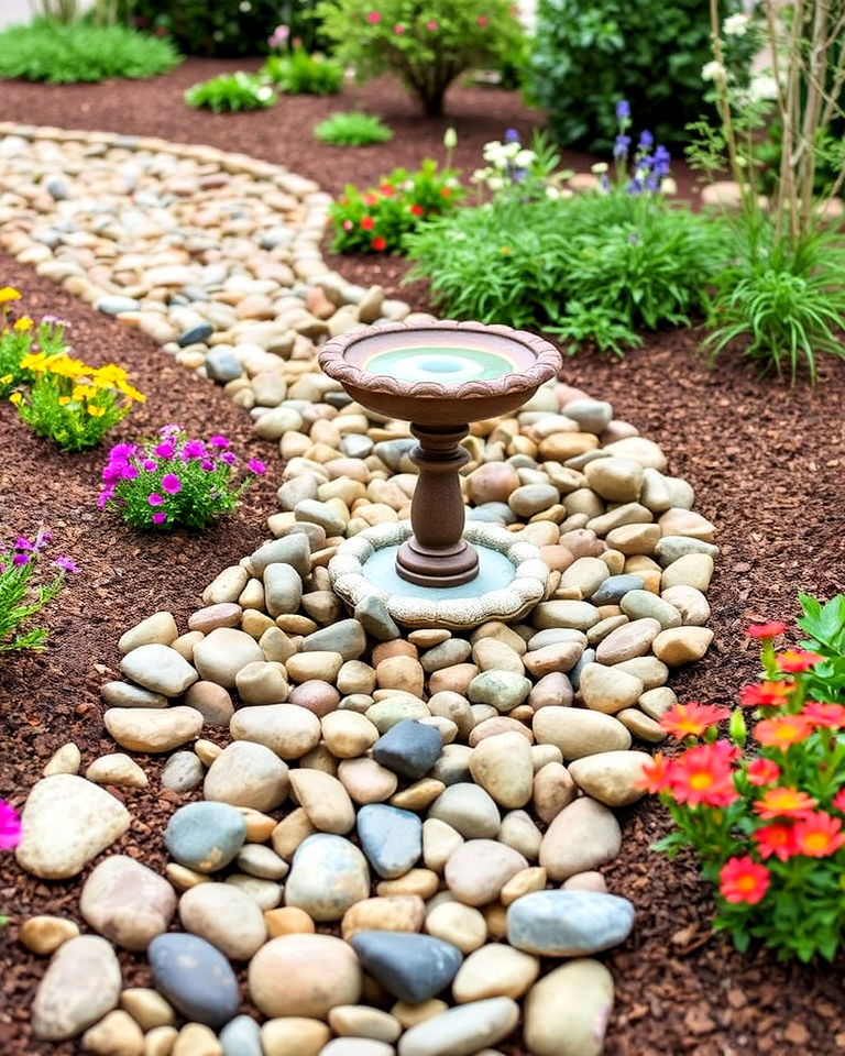 whimsical birdbath feature - 30 Front Yard Dry Creek Bed Landscaping Ideas