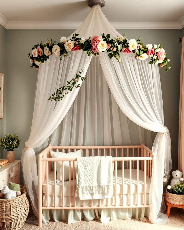 whimsical canopy with floral accents - 15 Floral Nursery Ideas