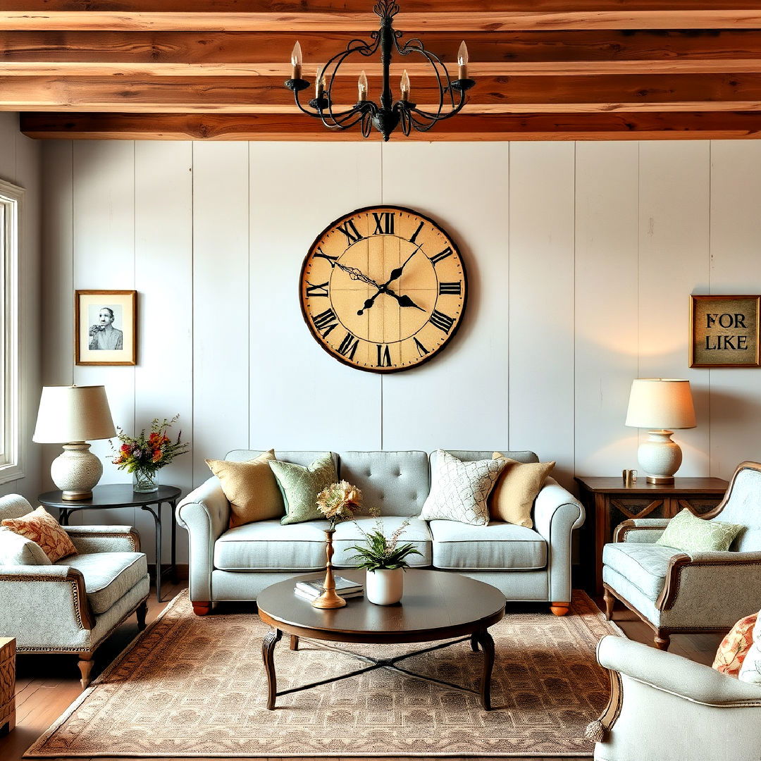 whimsical clock with nostalgic vibe - 25 Shabby-chic Style Living Room Ideas