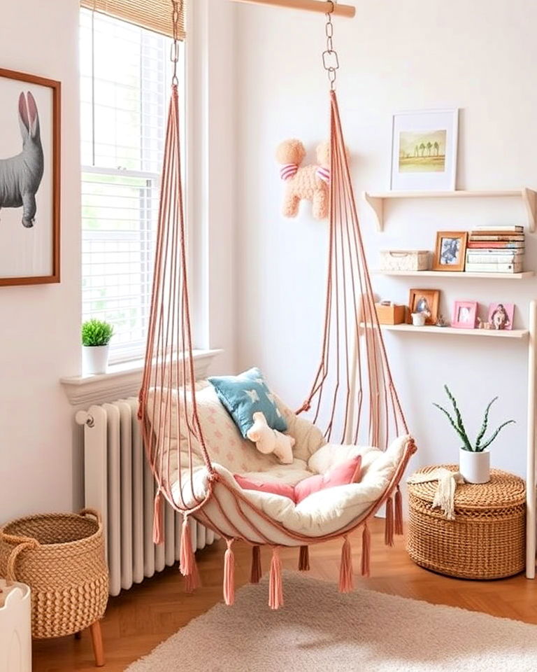whimsical hammock chair for playful vibe - 40 Toddler Room Ideas
