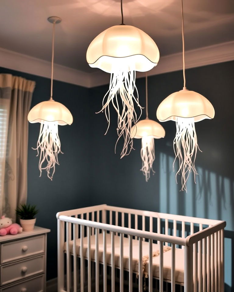 whimsical jellyfish inspired hanging lights - 20 Ocean-themed Nursery Ideas