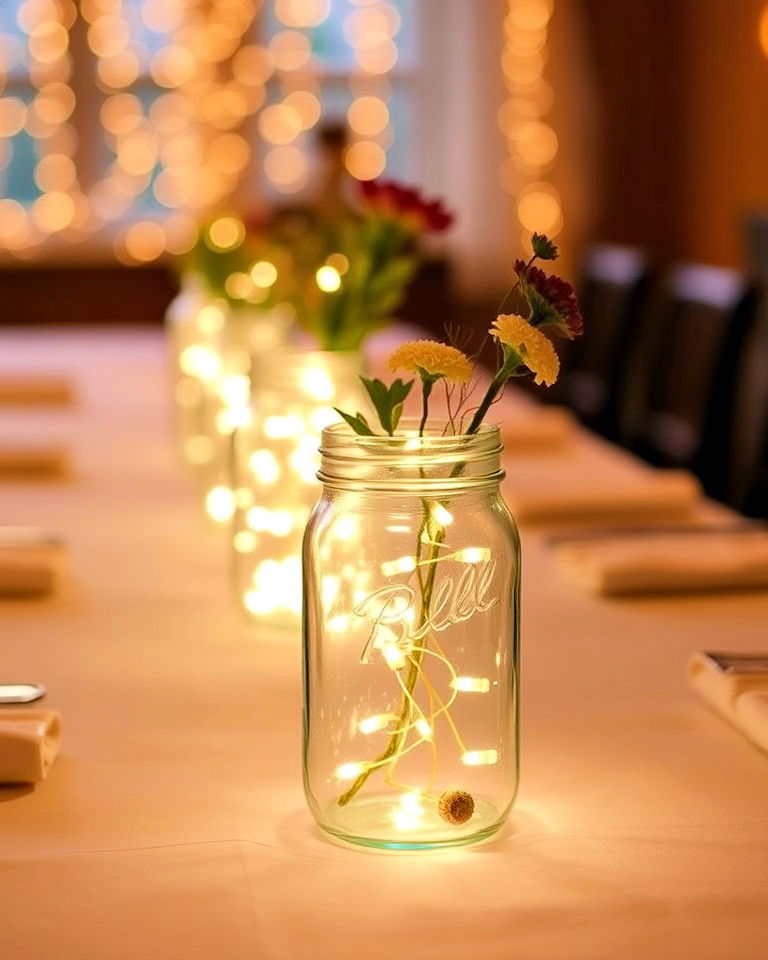 whimsical mason jars with fairy lights - 30 Rehearsal Dinner Centerpiece Ideas