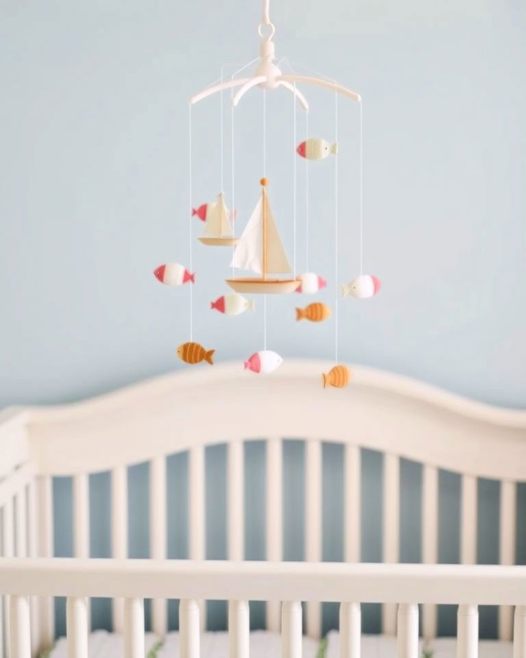 whimsical nautical mobile with sailboats and fish - 25 Nautical Nursery Ideas