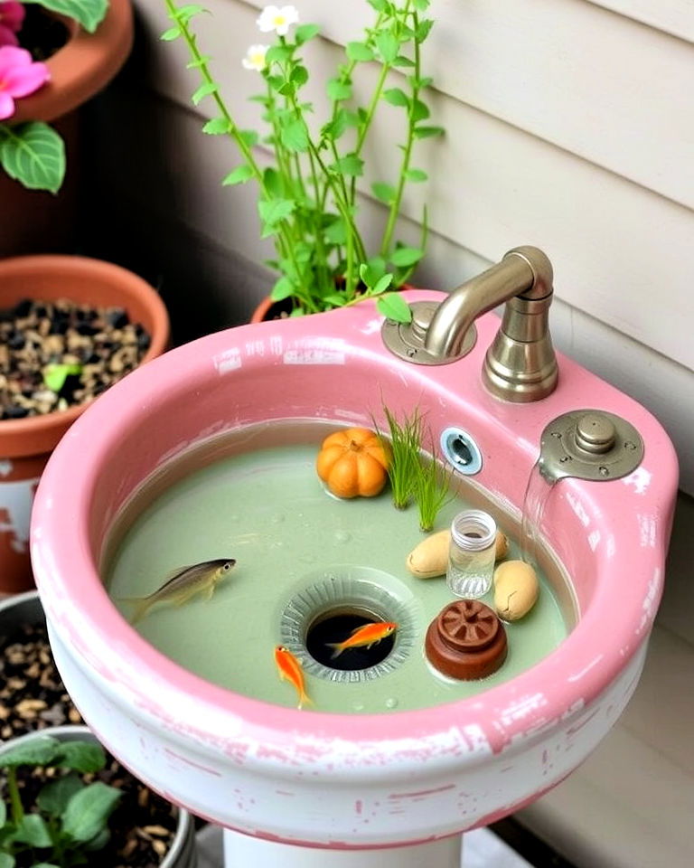 whimsical old sink fish pond - 15 Container Fish Pond Ideas