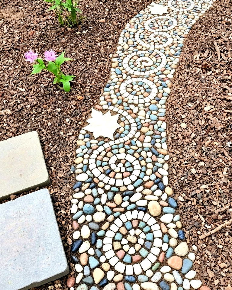 whimsical pebble mosaic path - 20 Woodland Garden Path Ideas