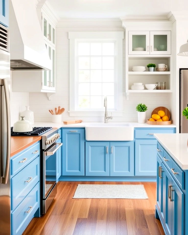 white accents for azure blue cabinets - 30 Blue Farmhouse Kitchen Cabinets