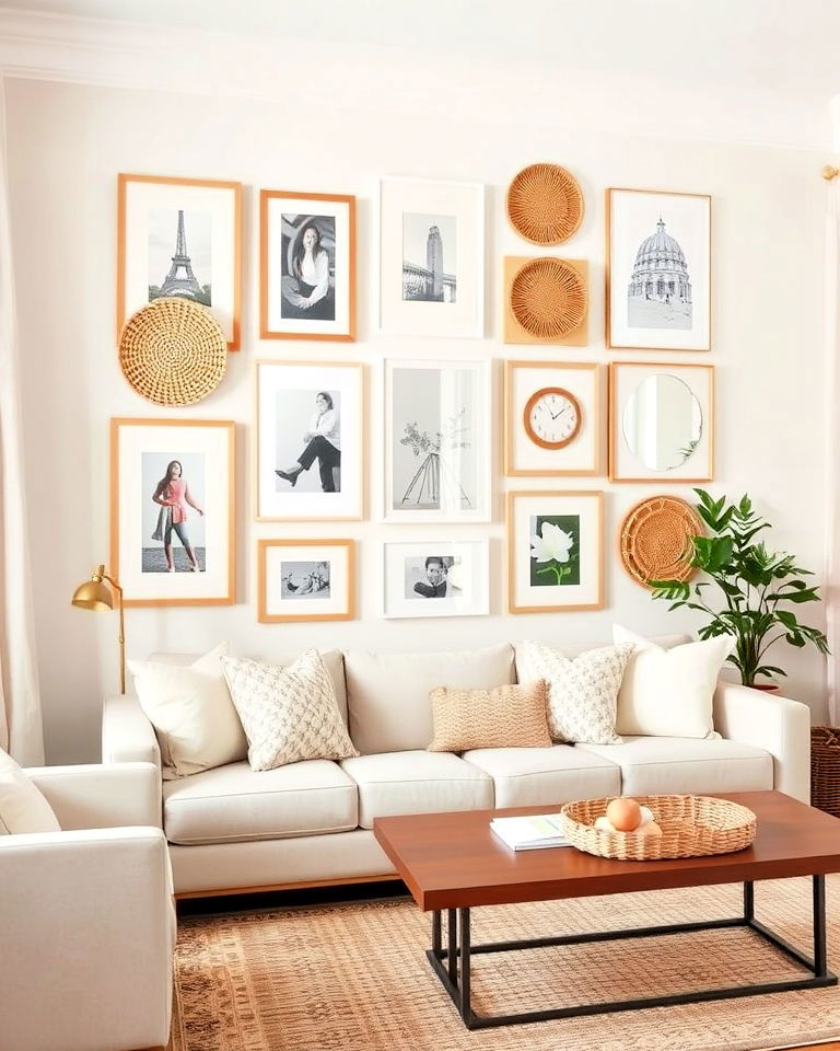 white and beige gallery wall for living room - 20 Beige and White Living Room Ideas