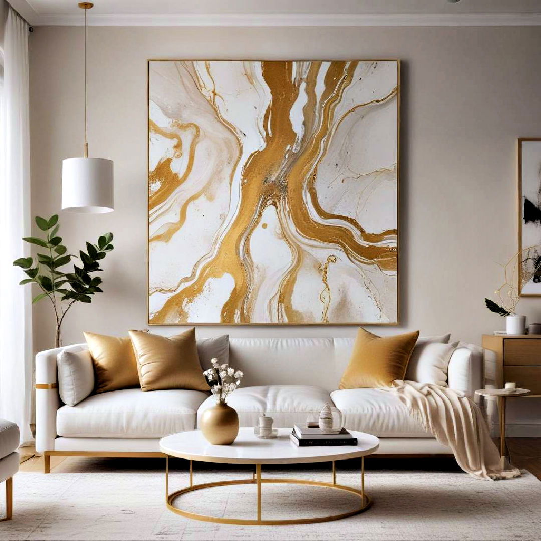 white and gold living room with unique wall art - 25 White and Gold Living Room Ideas