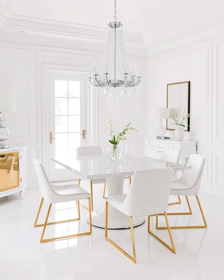 white and metallic accents for dining room - 30 White Dining Room Ideas