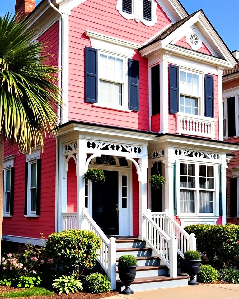 white and navy highlights for coral pink home - 25 Pink Victorian House Ideas