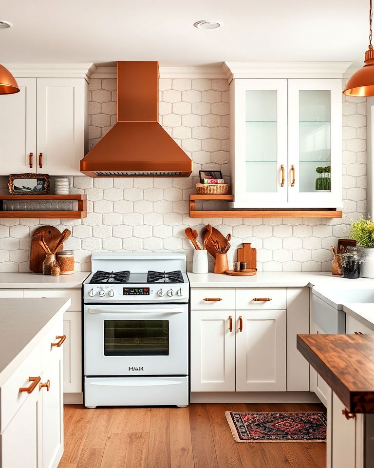 white appliances kitchen with copper accents - 40 Kitchen With White Appliances Ideas