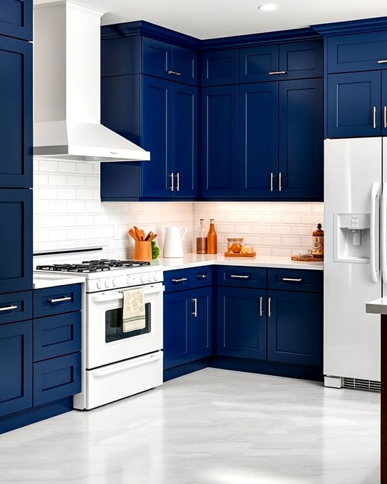 white appliances with bold color cabinetry - 40 Kitchen With White Appliances Ideas