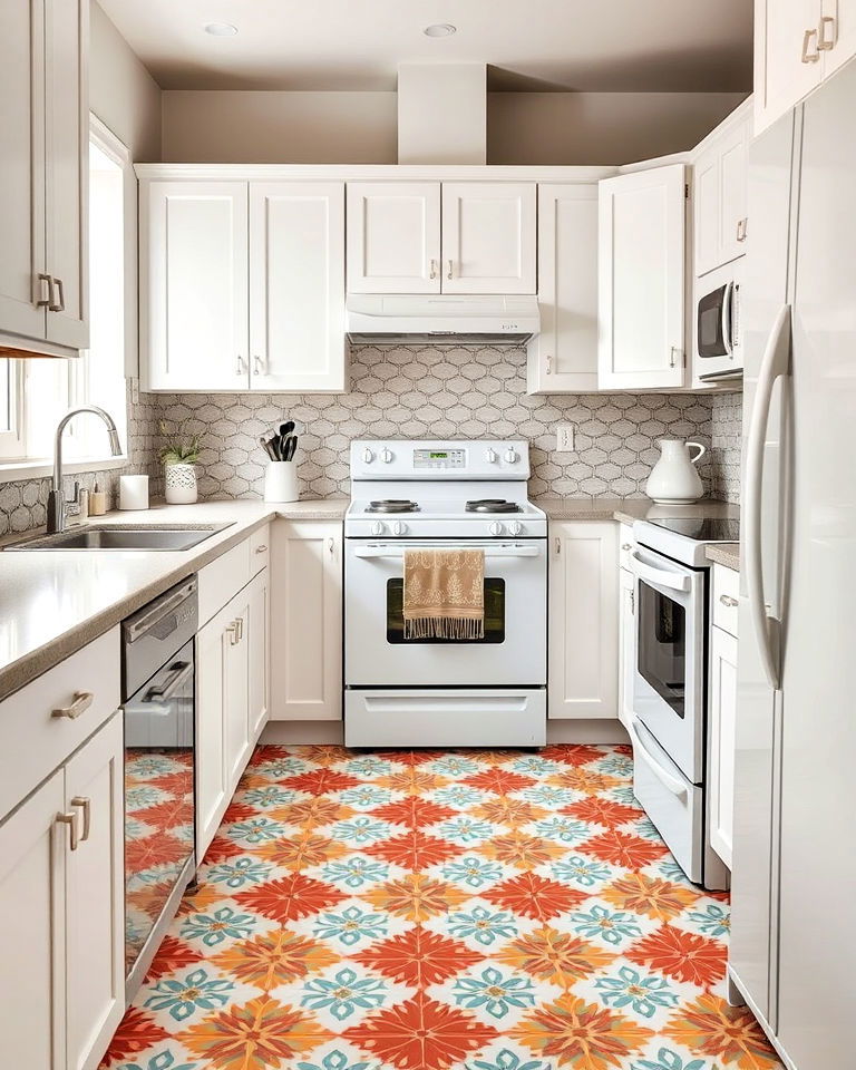 white appliances with elegant patterned flooring - 40 Kitchen With White Appliances Ideas