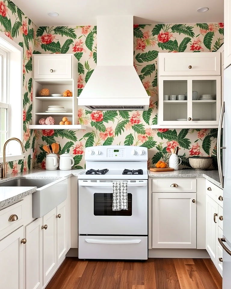 white appliances with playful bold wallpaper - 40 Kitchen With White Appliances Ideas