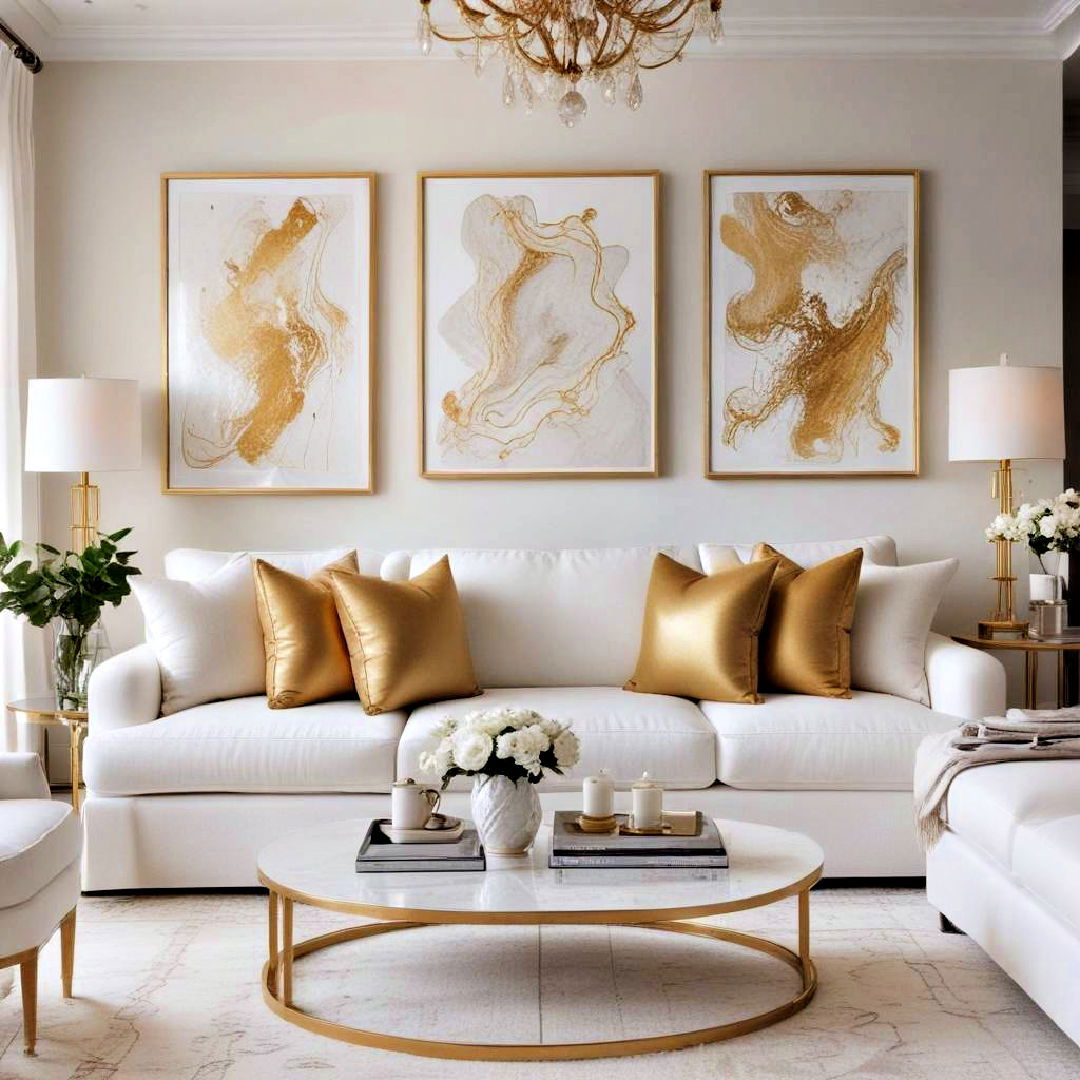 white art pieces with gold accent - 25 White and Gold Living Room Ideas