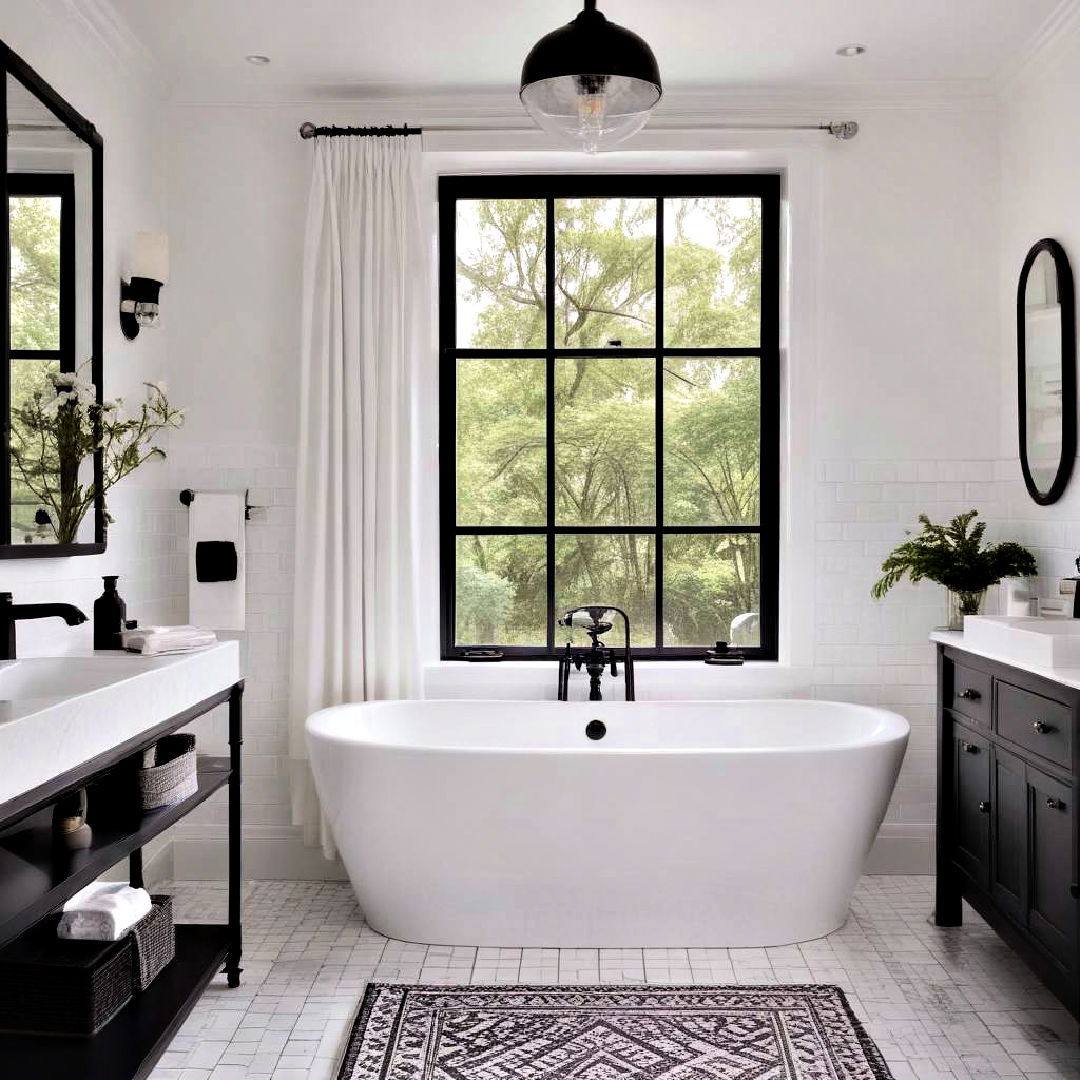 white bathtub with black fixtures - 40 Black and White Bathroom Ideas