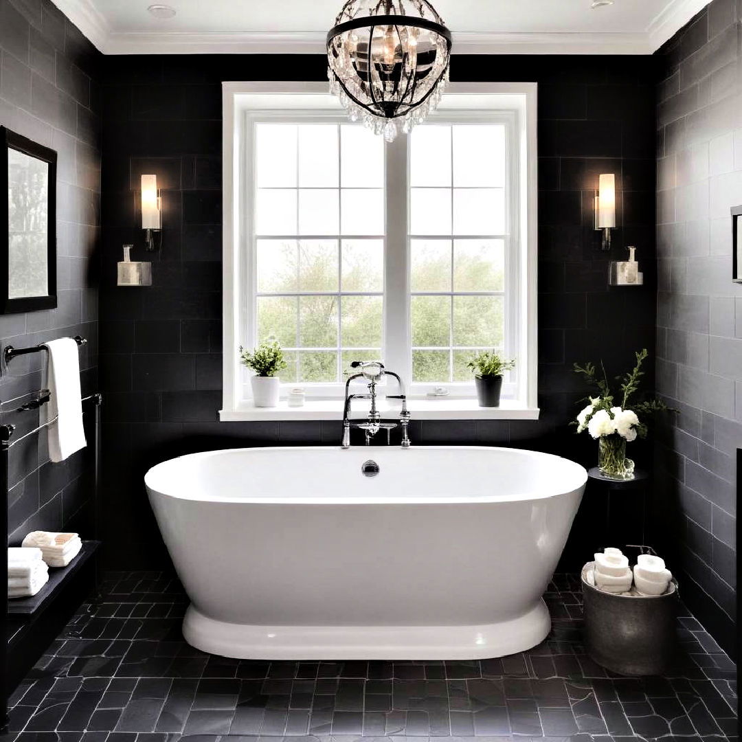 white bathtubs with black tile surrounds - 40 Black and White Bathroom Ideas