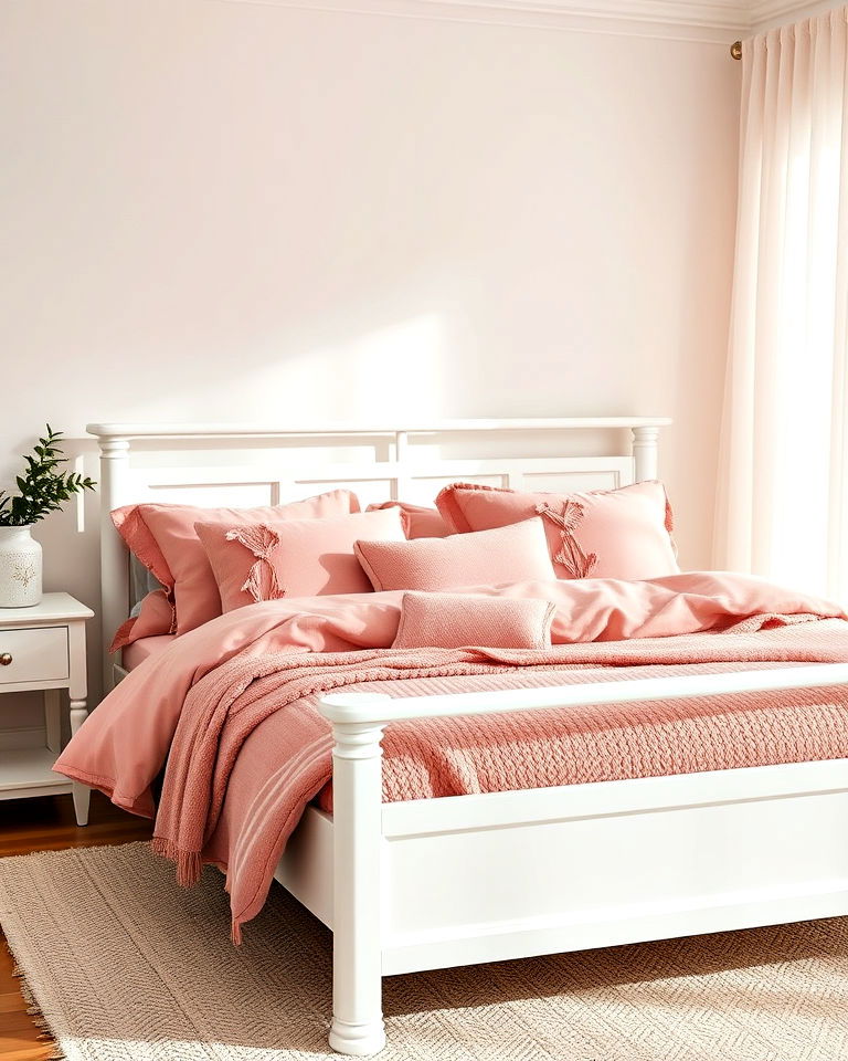 white bed frame and pink cushions combo - 25 Pink and White Bedroom Ideas
