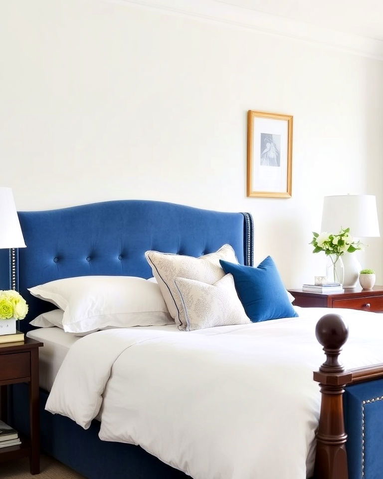 white bedding and blue upholstered headboard - 25 Blue and White Bedroom Ideas