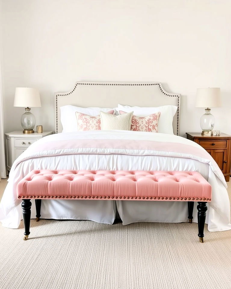 white bedding and pink upholstered bench - 25 Pink and White Bedroom Ideas