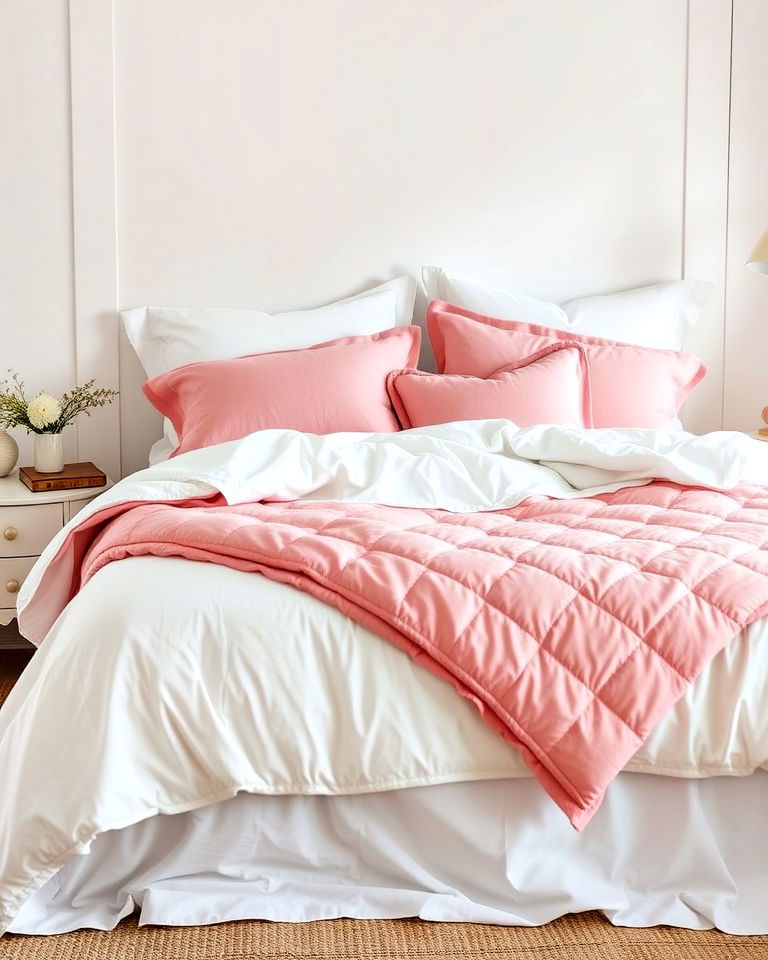 white bedding with pink quilts for comfort - 25 Pink and White Bedroom Ideas