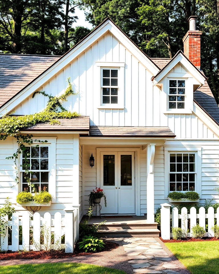 white board and batten siding with wooden beams - 20 White Siding House Designs
