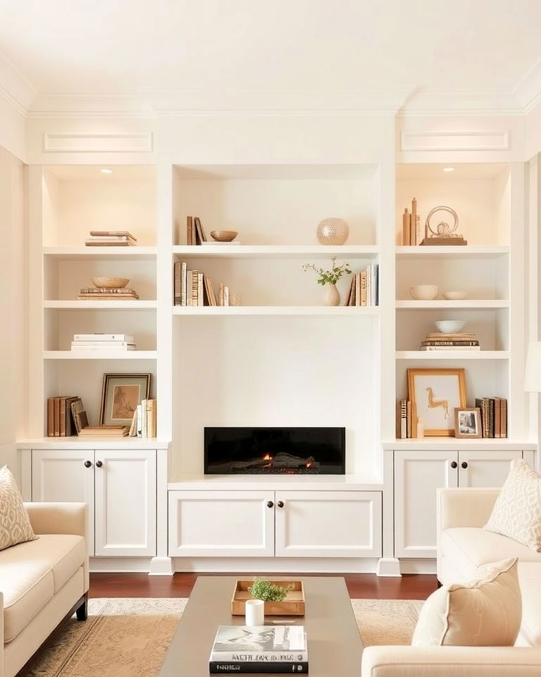 white built in shelving in beige living room - 20 Beige and White Living Room Ideas