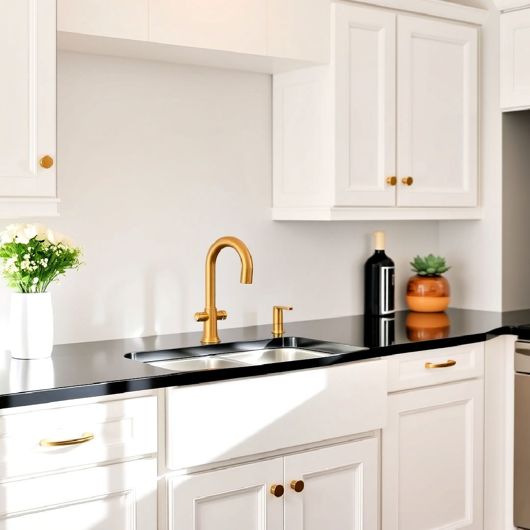 white cabinets and gold faucet - 25 Black White and Gold Kitchen Ideas