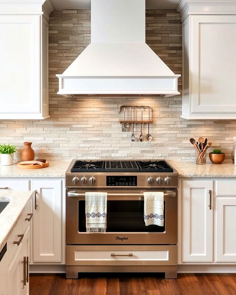 white cabinets and rustic stone veneer backsplash - 40 Kitchen Backsplash Ideas for White Cabinets