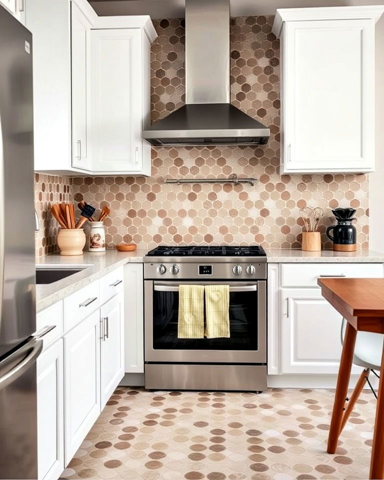 white cabinets and unique penny tiles backsplash - 40 Kitchen Backsplash Ideas for White Cabinets
