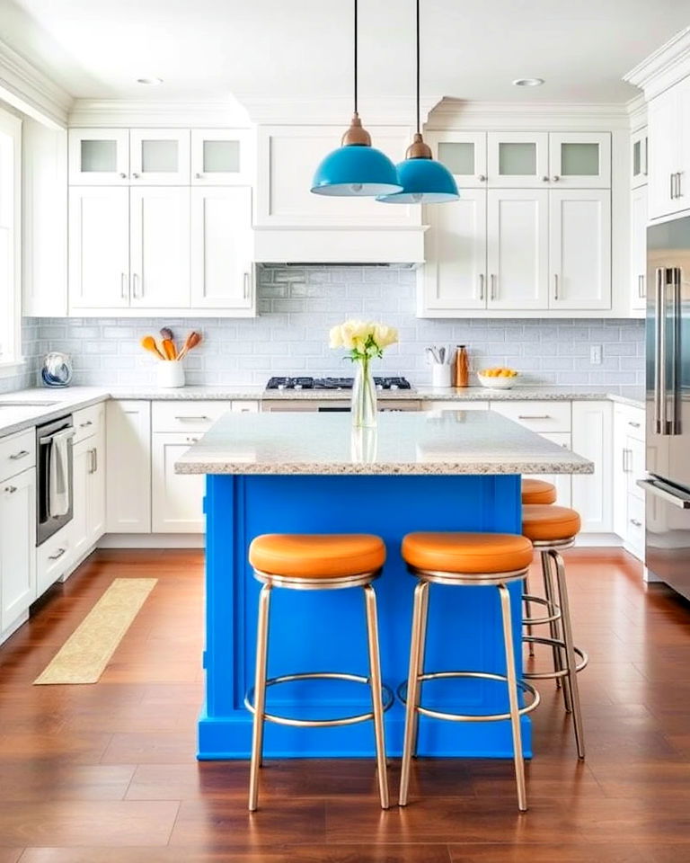 white cabinets and vibrant blue island - 30 White Kitchen Cabinets With Blue Island