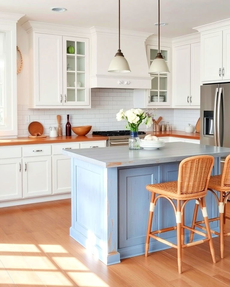 white cabinets and weathered blue island - 30 White Kitchen Cabinets With Blue Island