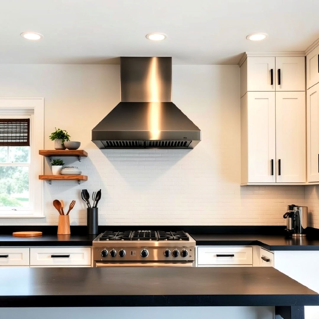 white cabinets with black concrete and stainless steel range hood - 40 White Kitchen With Black Countertops Ideas