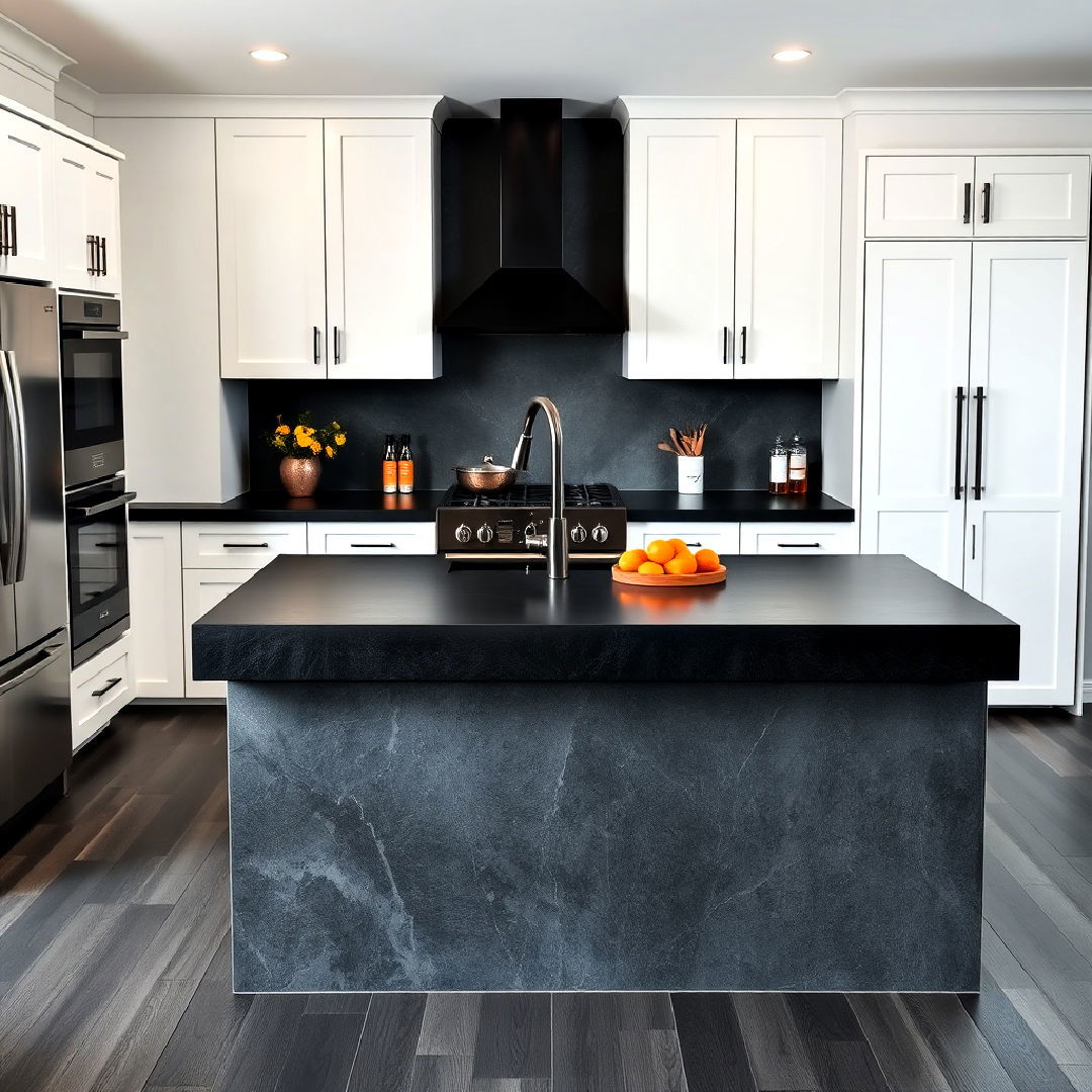 white cabinets with black concrete countertop and waterfall island - 40 White Kitchen With Black Countertops Ideas