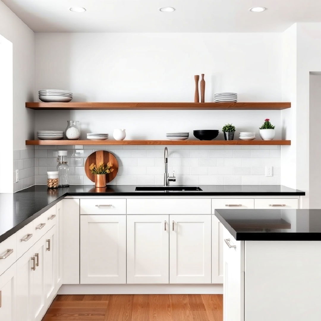 white cabinets with black counters and floating shelves - 40 White Kitchen With Black Countertops Ideas