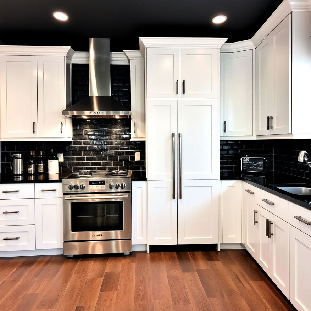 white cabinets with black counters and stainless steel appliances - 40 White Kitchen With Black Countertops Ideas